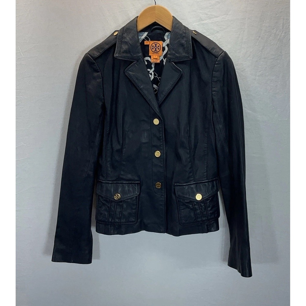 TORY BURCH‎ Blue Leather Short Moto Jacket Blue Leather Gold Buttons Sz 8 Soft
